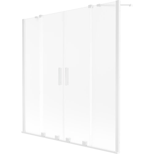 Dwuskrzydłowy, rozsuwany parawan nawannowy o wymiarach 140 x 150 cm, wykonany z białego, szronionego szkła, z widocznymi uchwytami pośrodku. Produkt ma prostą, nowoczesną konstrukcję z białymi ramami.
