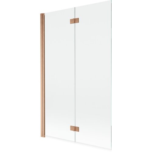 Przezroczysty parawan nawannowy z dwoma skrzydłami, wykonany z miedzi szczotkowanej, z widocznymi metalowymi zawiasami. Produkt ma minimalistyczny design i prostokątny kształt.