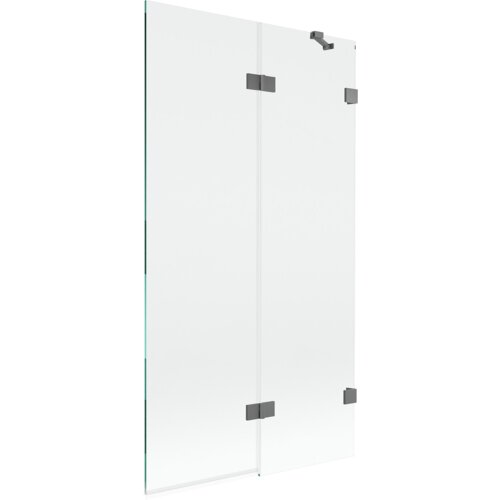Przezroczysty, dwuskrzydłowy parawan nawannowy z metalowymi zawiasami w kolorze gun metal. Produkt ma prostokątny kształt i minimalistyczny design.