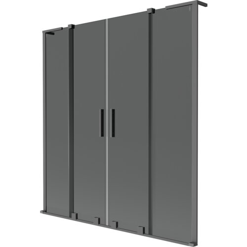 Na zdjęciu widoczny jest grafitowy, dwuskrzydłowy parawan nawannowy o wymiarach 150 x 150 cm z metalowymi uchwytami w kolorze gun metal. Produkt ma prostą, nowoczesną konstrukcję z wyraźnie zaznaczonymi pionowymi liniami podziału.