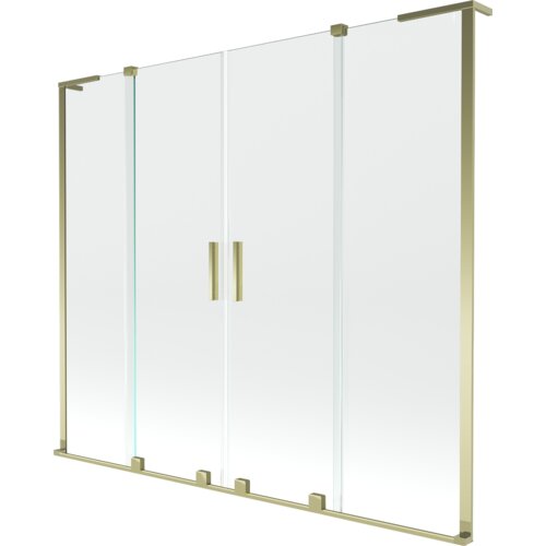 Przeszklony parawan nawannowy z dwoma skrzydłami, wykonany z transparentnego szkła, z elementami w kolorze złotym, w tym uchwytami i ramą. Produkt ma prosty, nowoczesny design i jest oznaczony jako "Mexen Velar L Duo parawan nawannowy 2-skrzydłowy rozsuwa