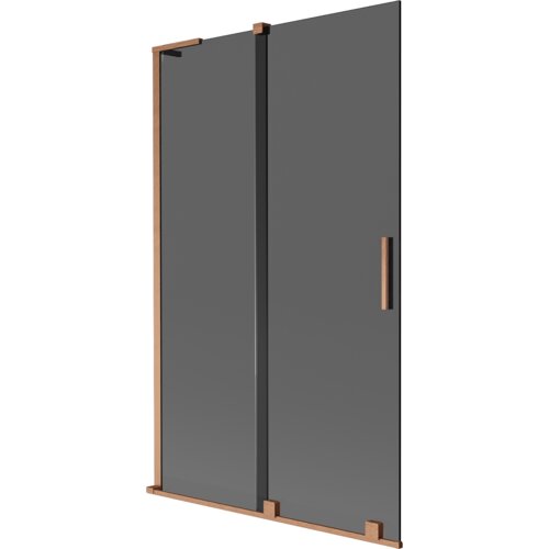 Dwuskrzydłowy parawan nawannowy w kolorze grafitowym z elementami w odcieniu miedzi szczotkowanej, posiada prostokątną, pionową rączkę. Produkt ma minimalistyczny design i jest wykonany z dwóch przesuwanych paneli.