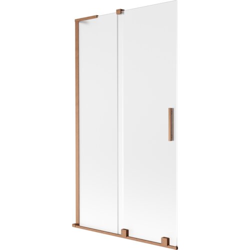 Dwuskrzydłowy parawan nawannowy o wymiarach 100 x 150 cm, wykonany z mrożonego szkła z elementami w kolorze szczotkowanej miedzi. Produkt posiada prostokątną, pionową rączkę oraz metalowe wykończenia na krawędziach.