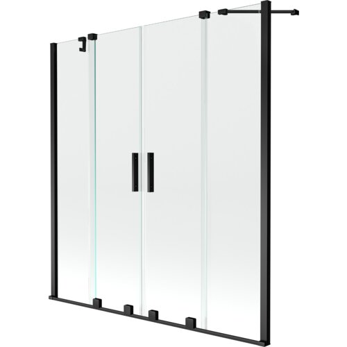 Przesuwany parawan nawannowy z przezroczystego szkła, składający się z dwóch skrzydeł, z czarnymi ramami i uchwytami. Produkt ma minimalistyczny design i prostokątny kształt.