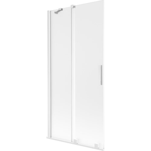 Dwuskrzydłowy, rozsuwany parawan nawannowy w kolorze białym z matowym wykończeniem, posiada prostokątny uchwyt i metalowe elementy mocujące. Produkt ma minimalistyczny design i gładką powierzchnię.