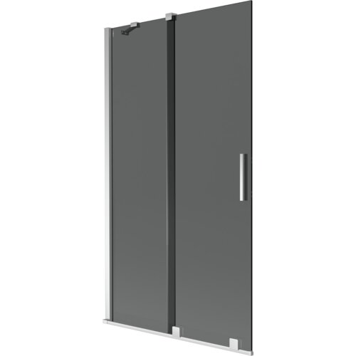 Dwuskrzydłowy, rozsuwany parawan nawannowy w kolorze grafitowym z chromowanymi elementami, o wymiarach 100 x 150 cm. Produkt ma prostokątny kształt z metalowymi uchwytami i mocowaniami.