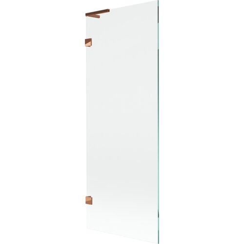Przezroczysty parawan nawannowy z jednym skrzydłem, o wymiarach 70 x 150 cm, z elementami w kolorze różowego złota. Produkt ma prosty, nowoczesny design z trzema widocznymi uchwytami.