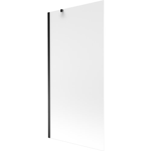 Przedstawiony jest szklany parawan nawannowy o matowej powierzchni z czarną ramą i uchwytem. Produkt ma prostokątny kształt i minimalistyczny design.