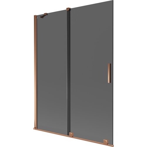 Dwuskrzydłowy parawan nawannowy w kolorze grafitowym z elementami w odcieniu różowego złota, posiada prostokątną, pionową rączkę. Produkt ma minimalistyczny design z metalowymi elementami mocującymi.