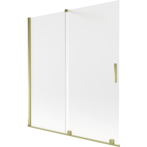 Dwuskrzydłowy, rozsuwany parawan nawannowy o wymiarach 150 x 150 cm, wykonany z matowego szkła z złotymi elementami wykończenia. Produkt ma prosty, nowoczesny design z pionowym uchwytem na jednym ze skrzydeł.
