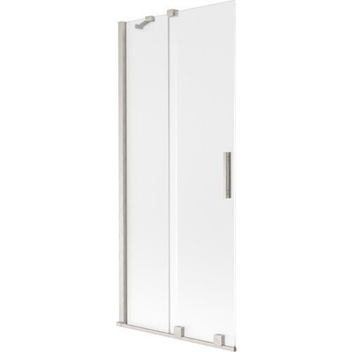 Dwuskrzydłowy, rozsuwany parawan nawannowy o wymiarach 85 x 150 cm, wykonany z matowego szkła z niklowanymi, szczotkowanymi elementami. Produkt posiada prostokątny uchwyt oraz metalowe mocowania na górze i dole.
