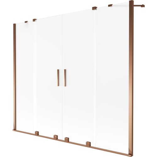 Na zdjęciu znajduje się dwuskrzydłowy parawan nawannowy o wymiarach 180 x 150 cm, wykonany z matowego szkła z elementami w kolorze różowego złota. Parawan posiada dwa pionowe uchwyty umieszczone na środku.