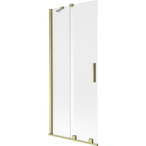 Dwuskrzydłowy, rozsuwany parawan nawannowy o wymiarach 85 x 150 cm, wykonany z matowego szkła z elementami w kolorze złotym szczotkowanym. Produkt posiada prostokątny uchwyt oraz mocowania w tym samym kolorze.