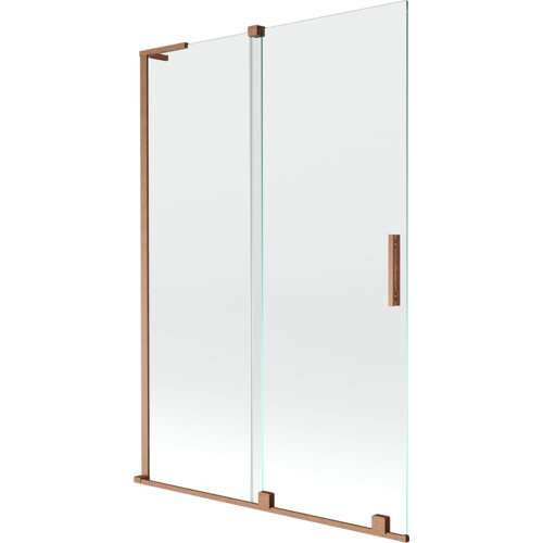 Przesłane zdjęcie przedstawia dwuskrzydłowy, rozsuwany parawan nawannowy o wymiarach 120 x 150 cm, wykonany z przezroczystego szkła z elementami w kolorze szczotkowanej miedzi. Produkt ma prostokątny uchwyt i metalowe ramy, a jego powierzchnia jest gładka