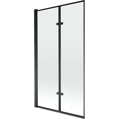 Dwuskrzydłowy parawan nawannowy z czarną ramką, wykonany z przezroczystego szkła, z widocznymi zawiasami pośrodku. Produkt ma prostokątny kształt i minimalistyczny design.