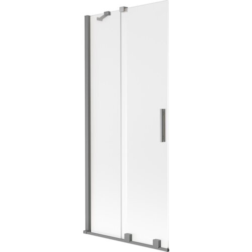Dwuskrzydłowy, rozsuwany parawan nawannowy o wymiarach 85 x 150 cm, wykonany z matowego szkła w kolorze gun metal, z prostokątnym uchwytem i metalowymi elementami montażowymi. Produkt ma minimalistyczny design z gładką powierzchnią i prostymi liniami.