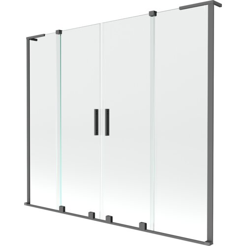 Przesłane zdjęcie przedstawia przezroczysty, dwuskrzydłowy parawan nawannowy z ciemnymi metalowymi ramami i uchwytami. Produkt ma prosty, nowoczesny design i jest oznaczony jako "Mexen Velar L Duo parawan nawannowy 2-skrzydłowy rozsuwany 170 x 150 cm, tra