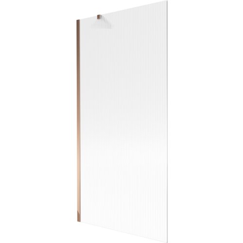 Przesłane zdjęcie przedstawia jednoskrzydłowy parawan nawannowy o wymiarach 90 x 150 cm z prążkowaną powierzchnią i wykończeniem w kolorze różowego złota. Produkt ma prostą, elegancką formę z widocznymi pionowymi liniami na szklanej powierzchni.