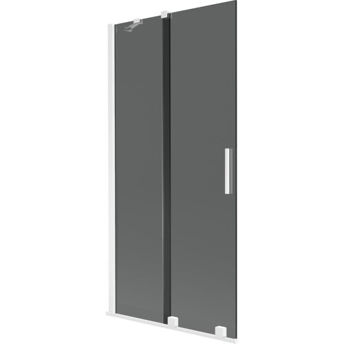 Dwuskrzydłowy, rozsuwany parawan nawannowy w kolorze grafitowym z białymi elementami, posiada prostokątną, pionową rączkę. Produkt ma minimalistyczny design i jest wykonany z przezroczystego materiału.