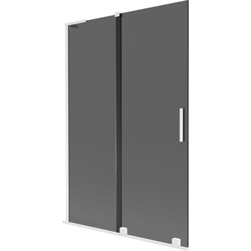 Dwuskrzydłowy, rozsuwany parawan nawannowy w kolorze grafitowym z białymi elementami, posiada prostokątną, metalową rączkę. Produkt ma minimalistyczny design i jest wykonany z przezroczystego materiału.