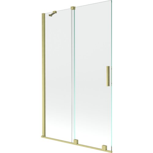 Dwuskrzydłowy, rozsuwany parawan nawannowy o wymiarach 110 x 150 cm, wykonany z transparentnego szkła, z elementami w kolorze złotym szczotkowanym. Produkt ma prostokątny kształt i zawiera uchwyt oraz mocowania w złotym kolorze.