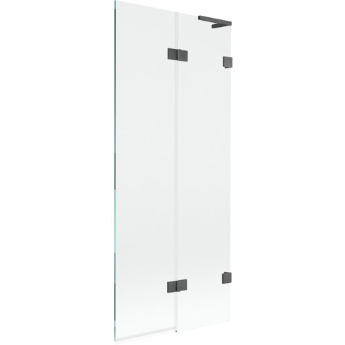 Dwuskrzydłowy, transparentny parawan nawannowy o wymiarach 80 x 150 cm z widocznymi ciemnoszarymi, szczotkowanymi elementami montażowymi. Produkt ma prosty, nowoczesny design z gładką powierzchnią szkła.