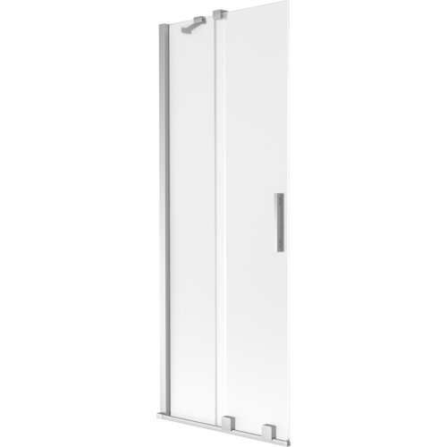 Dwuskrzydłowy, rozsuwany parawan nawannowy o wymiarach 70 x 150 cm, wykonany z mrożonego szkła i chromowanych elementów, z widocznym uchwytem. Produkt ma prosty, nowoczesny design z metalowymi wykończeniami.