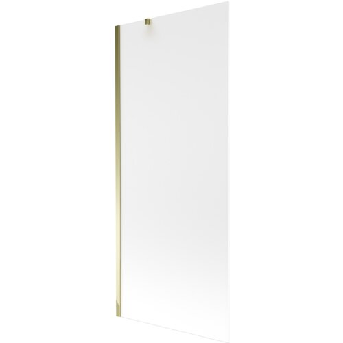 Szklany parawan nawannowy o matowej powierzchni z jednym skrzydłem, posiada złote elementy montażowe. Produkt ma prostokątny kształt i minimalistyczny design.