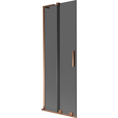 Dwuskrzydłowy parawan nawannowy w kolorze grafitowym z elementami w odcieniu różowego złota, posiada prostokątną, pionową rączkę. Produkt ma elegancki, nowoczesny design z metalowymi wykończeniami.