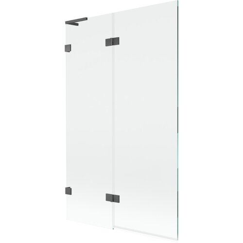 Dwuskrzydłowy parawan nawannowy o transparentnej powierzchni, z ciemnoszarymi, szczotkowanymi zawiasami. Produkt ma prosty, nowoczesny design i jest wykonany z przezroczystego szkła.