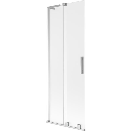 Dwuskrzydłowy, rozsuwany parawan nawannowy o wymiarach 75 x 150 cm, wykonany z mrożonego szkła i chromowanych elementów. Produkt ma prostokątny uchwyt i metalowe mocowania na górze i dole.