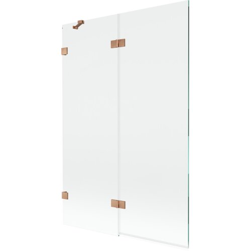 Dwuskrzydłowy parawan nawannowy o wymiarach 120 x 150 cm, wykonany z przezroczystego szkła, z miedzianymi, szczotkowanymi zawiasami. Produkt to "Mexen Lunar parawan nawannowy 2-skrzydłowy lewy 120 x 150 cm, transparent, miedź szczotkowana - 897-120-100-65