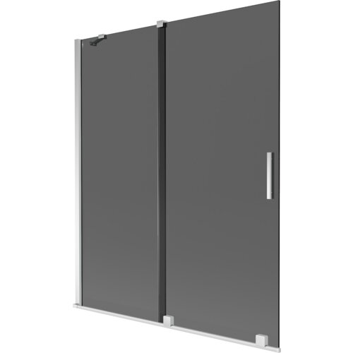 Dwuskrzydłowy, rozsuwany parawan nawannowy w kolorze grafitowym z chromowanymi elementami, o wymiarach 140 x 150 cm. Produkt ma prostokątny kształt i metalowy uchwyt na jednym ze skrzydeł.
