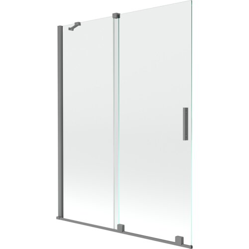 Przesłane zdjęcie przedstawia dwuskrzydłowy, rozsuwany parawan nawannowy o wymiarach 130 x 150 cm, wykonany z przezroczystego szkła i wykończony w kolorze gun metal. Produkt ma prostokątny kształt z metalowymi elementami mocującymi i uchwytem.