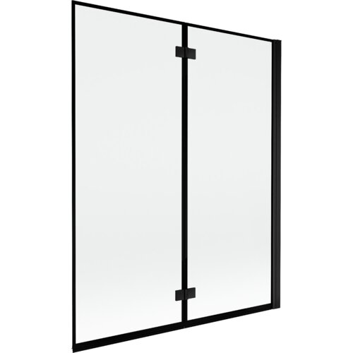Dwuskrzydłowy parawan nawannowy z czarną ramką, wykonany z przezroczystego szkła, z widocznymi zawiasami pośrodku. Produkt ma prosty, nowoczesny design i jest przeznaczony do montażu na wannie.
