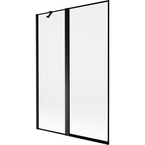 Dwuskrzydłowy parawan nawannowy z czarną ramką, wykonany z przezroczystego szkła, z widocznym uchwytem na jednym ze skrzydeł. Produkt ma minimalistyczny design i prostokątny kształt.