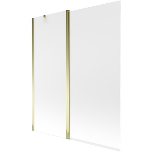 Dwuskrzydłowy parawan nawannowy o wymiarach 140 x 150 cm, wykonany z matowego szkła z złotymi elementami montażowymi. Produkt ma prosty, nowoczesny design z gładką powierzchnią.