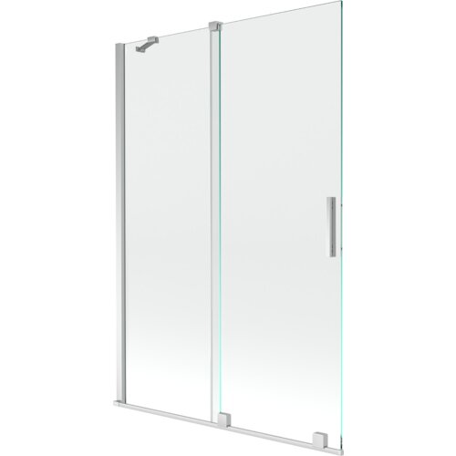 Przeszklony parawan nawannowy z dwoma rozsuwanymi skrzydłami, wykonany z transparentnego szkła i chromowanych elementów, z prostokątnym uchwytem. Produkt ma minimalistyczny design i jest oznaczony jako "Mexen Velar parawan nawannowy 2-skrzydłowy rozsuwany