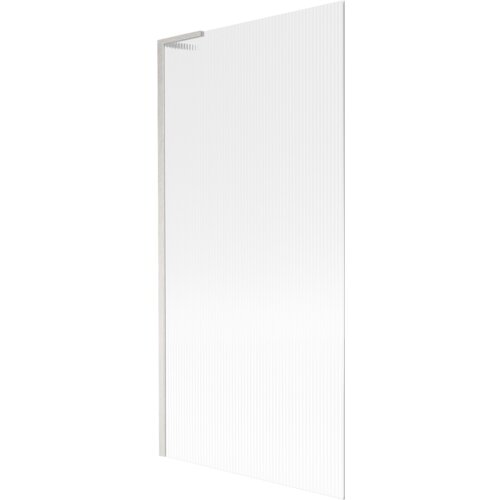 Przesłane zdjęcie przedstawia jednoskrzydłowy parawan nawannowy o wymiarach 90 x 150 cm z prążkowaną powierzchnią i wykończeniem w kolorze niklu szczotkowanego. Produkt ma prostą, nowoczesną formę z widocznym metalowym uchwytem.