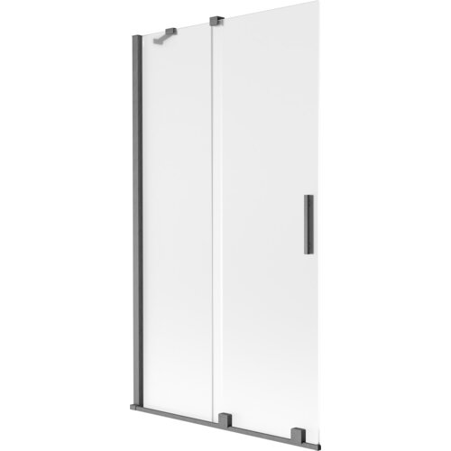 Dwuskrzydłowy, rozsuwany parawan nawannowy o wymiarach 100 x 150 cm, wykonany z matowego szkła w kolorze gun gray szczotkowanym. Produkt posiada metalowe uchwyty i mocowania w ciemnym odcieniu.