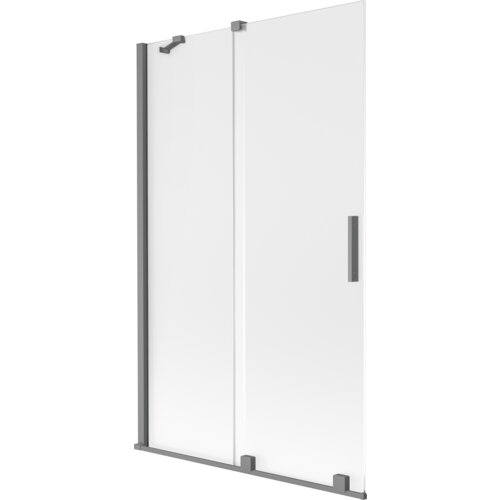 Dwuskrzydłowy, rozsuwany parawan nawannowy o wymiarach 110 x 150 cm, wykonany z matowego szkła z metalowymi elementami w kolorze gun metal. Produkt ma prostokątny kształt z uchwytem na jednym ze skrzydeł.