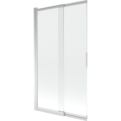 Przesuwany, dwuskrzydłowy parawan nawannowy o wymiarach 100 x 150 cm, wykonany z przezroczystego szkła i chromowanych elementów. Produkt ma prosty, nowoczesny design z widocznym uchwytem na jednym ze skrzydeł.