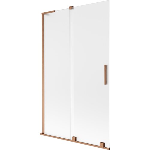 Dwuskrzydłowy, rozsuwany parawan nawannowy o wymiarach 110 x 150 cm, wykonany z matowego szkła z elementami w kolorze szczotkowanej miedzi. Produkt ma prostokątny kształt z uchwytem na jednym ze skrzydeł.