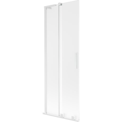 Dwuskrzydłowy, rozsuwany parawan nawannowy w kolorze białym z matowym wykończeniem, o wymiarach 70 x 150 cm, z prostokątnym uchwytem. Produkt ma minimalistyczny design z gładką powierzchnią i metalowymi elementami mocującymi.