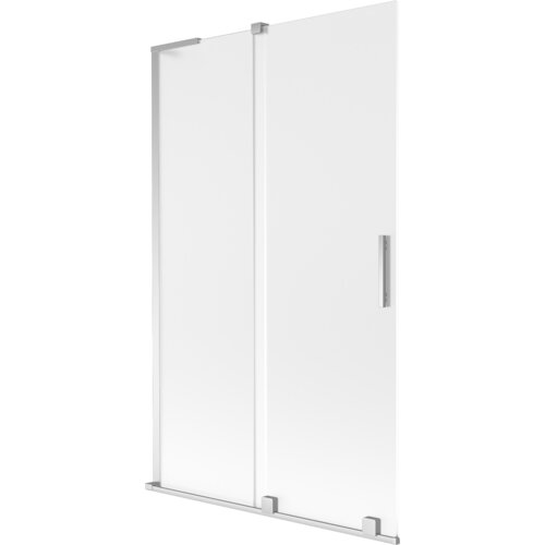 Dwuskrzydłowy, rozsuwany parawan nawannowy o wymiarach 110 x 150 cm, wykonany z mrożonego szkła z chromowanymi elementami. Produkt posiada prostokątny uchwyt i metalowe wykończenia na górze i dole.