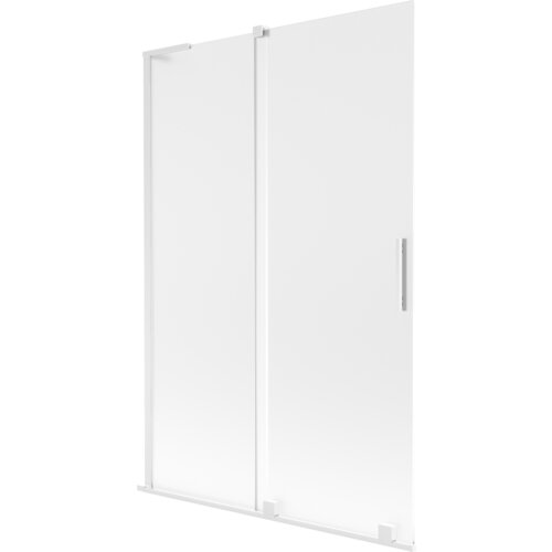 Dwuskrzydłowy, rozsuwany parawan nawannowy w kolorze białym, o wymiarach 120 x 150 cm, z matowym wykończeniem i prostokątnym uchwytem. Produkt ma prostą, nowoczesną konstrukcję z gładką powierzchnią.