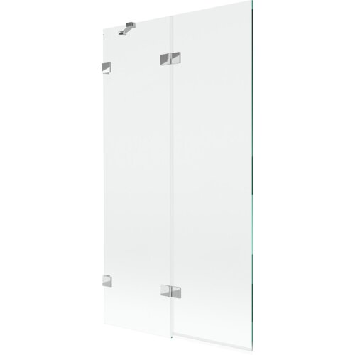 Przezroczysty parawan nawannowy z dwoma skrzydłami, wykonany z chromowanych elementów, o wymiarach 100 x 150 cm. Produkt ma prosty, nowoczesny design z widocznymi metalowymi zawiasami.