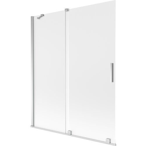 Dwuskrzydłowy, rozsuwany parawan nawannowy o wymiarach 140 x 150 cm, wykonany z matowego szkła z chromowanymi elementami wykończenia. Produkt ma prostokątny kształt i wyposażony jest w pionowy uchwyt.