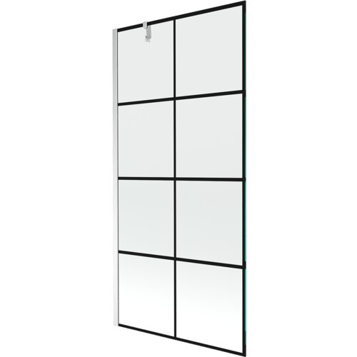 Szklany parawan nawannowy z czarną kratką i chromowanymi elementami, składający się z jednego skrzydła. Produkt ma wymiary 90 x 150 cm.