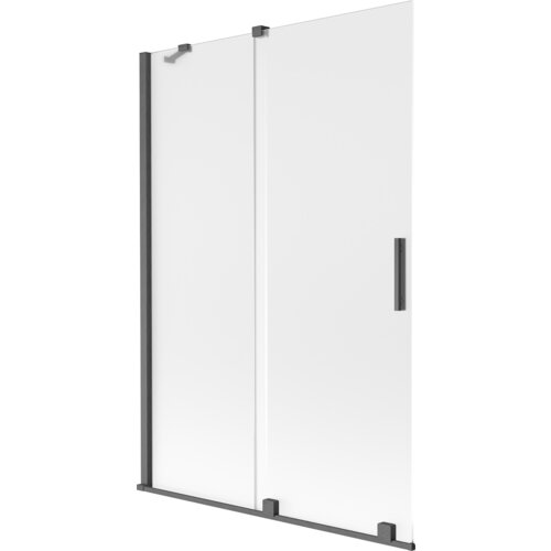 Dwuskrzydłowy, rozsuwany parawan nawannowy o wymiarach 120 x 150 cm, wykonany z matowego szkła w kolorze gun gray szczotkowanym. Produkt posiada prostokątne uchwyty i mocowania w ciemnym kolorze.